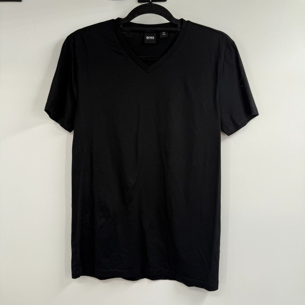 BOSS Hugo Boss V-Neck T Shirt Sz M Black Slim Fit Mercerized Cotton Short Sleeve